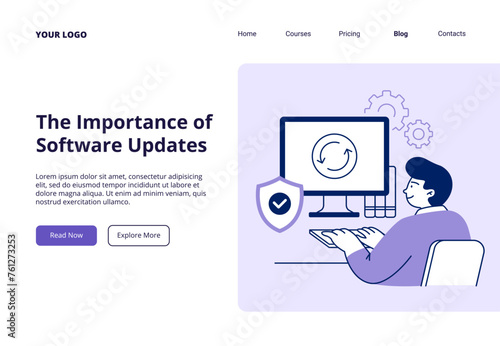 Cyber security. A male character regularly updates software to safe work. Vector flat illustration for web page, banner, or promo.