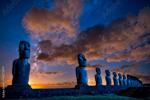 Moai stone statues at Ahu Tongariki, Easter Island, silhouette against beautiful scenic landscape of cloudy and starry sunset sky, standing mysterious, majestic, proud and magnificent as night falls. photo