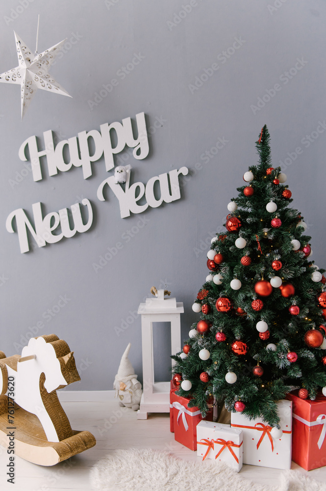 Christmas decor, happy New Year inscription on a gray background