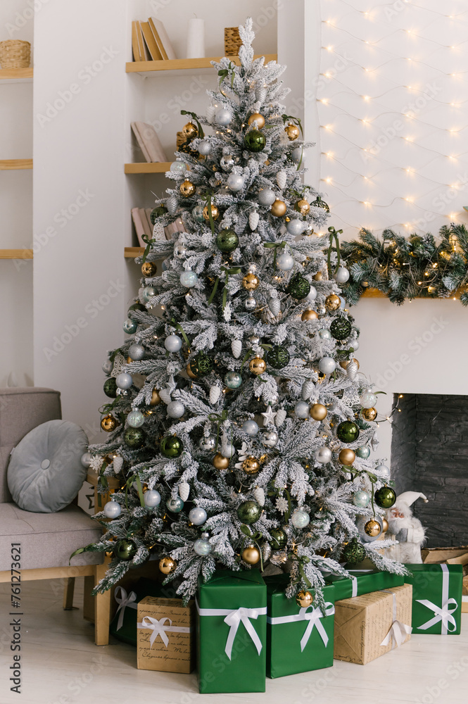New Year's decor, a white room with a fireplace decorated for Christmas