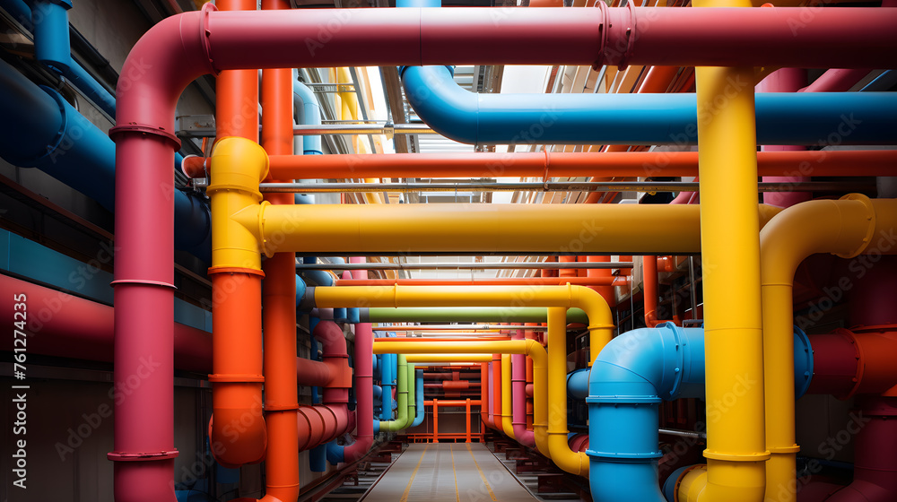 Bright colorful pipes in an industrial plant background