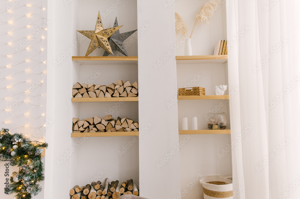 Beautiful minimalistic interior, bookshelf and decor