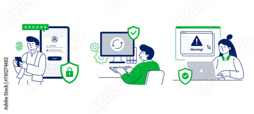People keep cyber security. Characters use multi-factor authentication, update software, and use a firewall in networking. Vector flat illustrations isolated on the white background. 