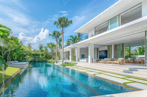Modern tropical villa with pool and garden, panoramic view of the front yard, interior design of a modern living room in white color, bright lighting, blue sky