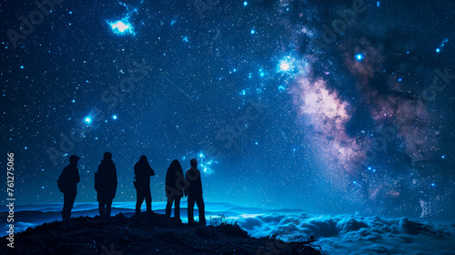 A diverse group of people stand on a mountain summit, gazing up at mesmerizing night sky filled with twinkling stars, a bright crescent moon. Economic Relationships. World crisis. Banner. Copy space