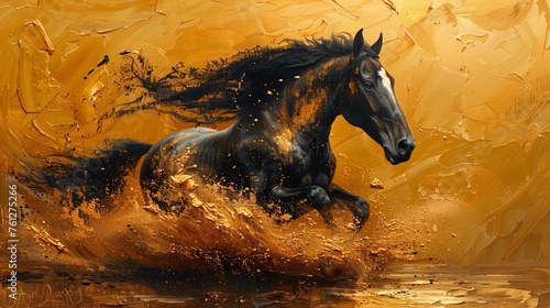 A modern oil painting depicting a horse, gold, paint strokes, knife strokes, and paint spots. A large stroke oil painting, mural, wall decoration.