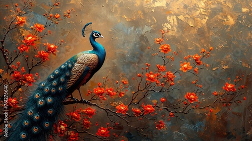 The background is abstract artistic. Vintage illustration with flowers, plants, branches, peacocks, gold brushstrokes. This background is suitable for wallpapers, posters, cards, murals, prints, etc.