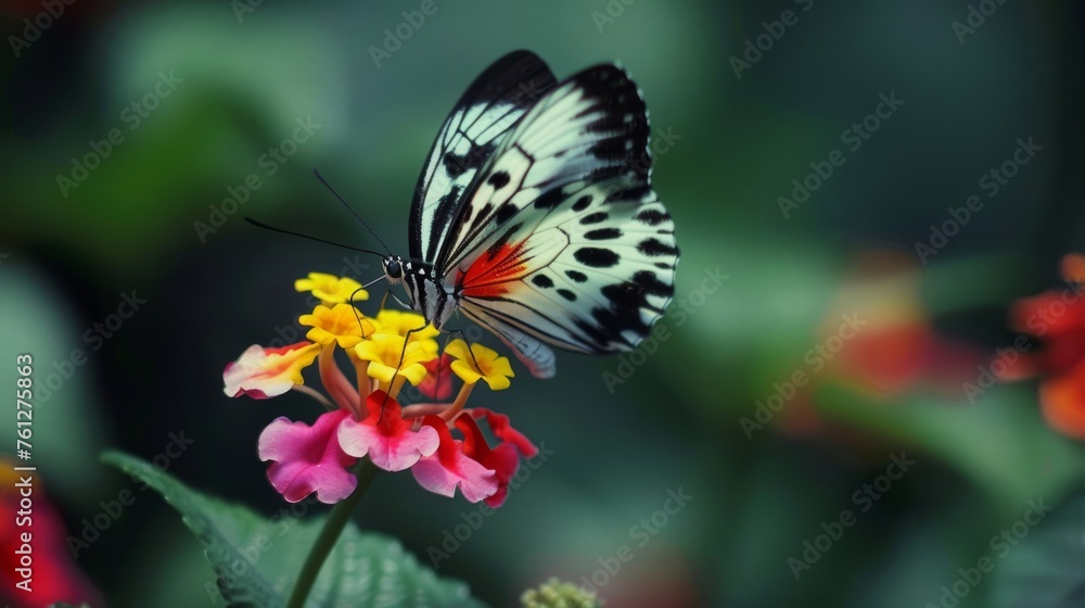 A close-up of a delicate butterfly perched on a colorful flower petal A close-up of a delicate butterfly perched on a colorful flower petal