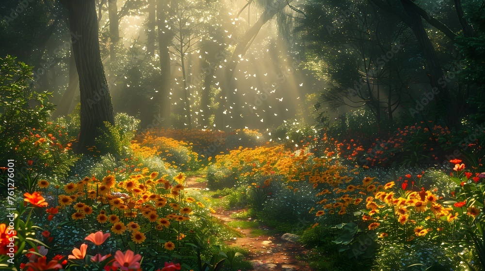 a Western-style woodland garden, with dappled sunlight filtering through the trees, meandering pathways, and native wildflowers, in breathtaking 16k ultra HD. - obrazy, fototapety, plakaty 