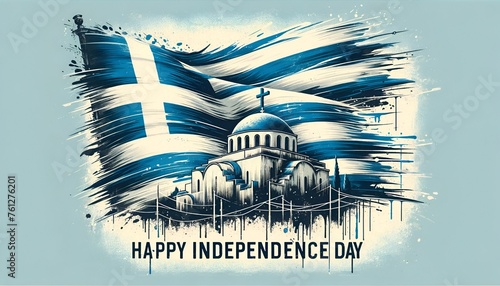 Grunge illustration for greek independence day with a rippling greek flag and blue dome churche. photo
