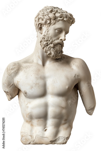 Historical vintage statue with cracks on an isolated transparent background