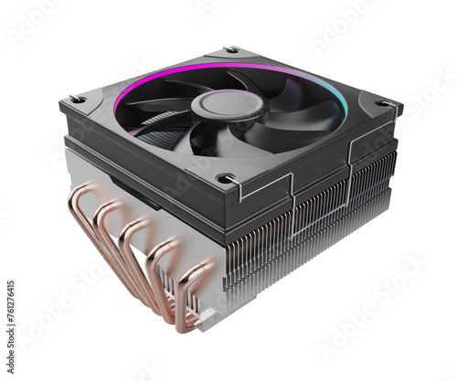 Low-profile computer processor cooler with five copper heat pipes on transparent background