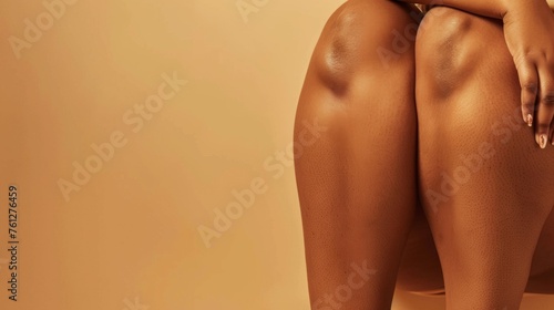 Sensitive female body on a beige background. Women's hands and feet