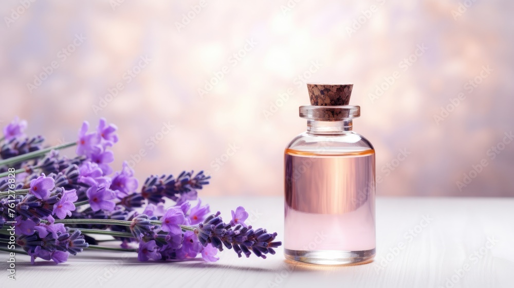 A glass bottle of lavender essential oil with fresh lavender flowers, an aromatherapy spa massage concept. Alternative medicine. Aromatherapy. - obrazy, fototapety, plakaty 