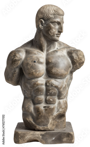 Historical vintage statue with cracks on an isolated transparent background