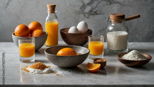 An elegant kitchen setup featuring fresh oranges, orange juice, eggs, and rice on a marble countertop with glassware