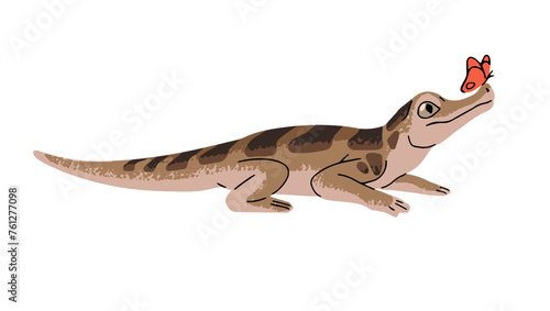 Cute little caiman with butterfly. Dwarf crocodile. Amusing baby reptile with patterned skin. Adorable cub of river animal. Exotic amphibian. Flat isolated vector illustration on white background