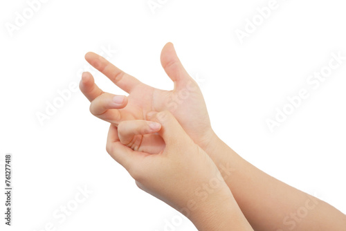 Hands that have the characteristic symptoms of trigger finger on white background.