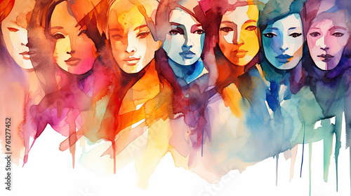 Abstract colorful art watercolor painting depicts International Women's Day, 8 March of different cultures and ethnicities together. concept of gender equality and the female empowerment movement