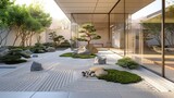 A minimalist meditation garden featuring a central rock garden surrounded by Zen-inspired gravel beds and bonsai trees.