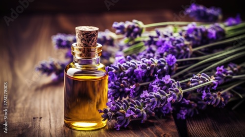 A glass bottle of lavender essential oil with fresh lavender flowers  an aromatherapy spa massage concept. Alternative medicine. Aromatherapy.