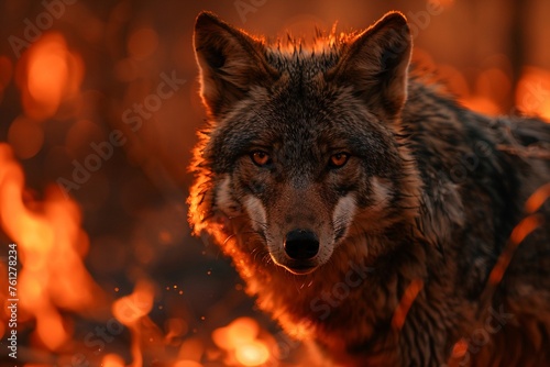 Animals facing flames warming Earth closeup intense firelight foreboding mood