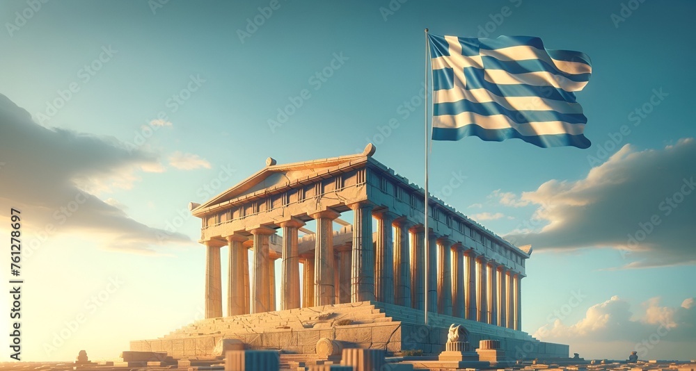 Realistic illustration for greek independence day with a large waving flag and parthenon. - obrazy, fototapety, plakaty 