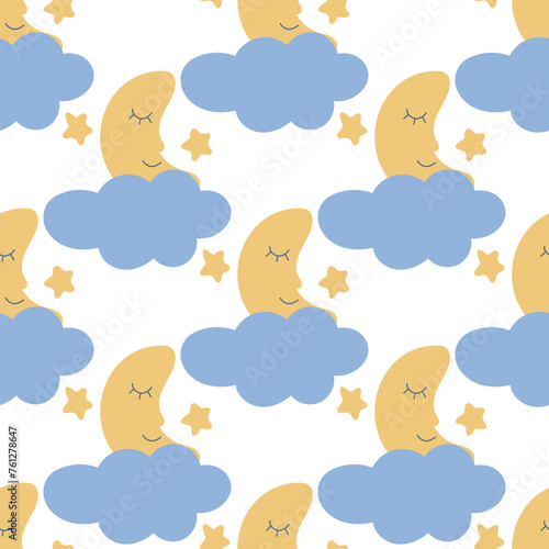 Sleeping moon in clouds with stars seamless pattern. Night sky background for baby textiles, packaging, fabric. Cute baby character print