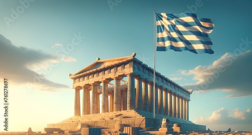 Realistic illustration for greek independence day with a large waving flag and parthenon. photo