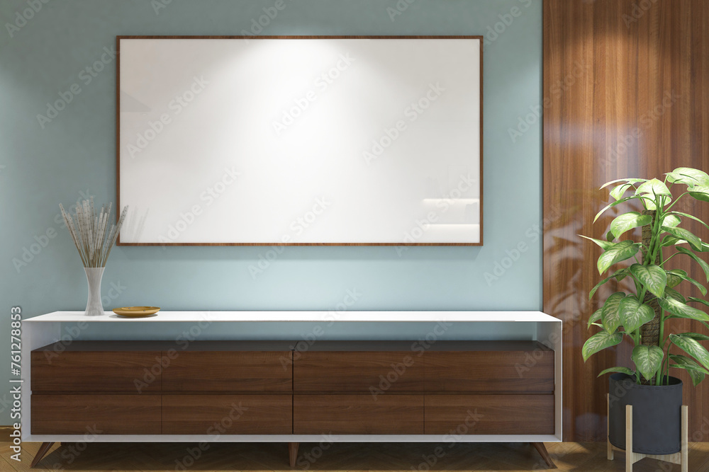 3d rendering corridor scandinavian style with credenza, wood panel, plant and frame mock up. Blue and light wood background. Set 7 3d rendering corridor scandinavian style with credenza, wood panel, plant and frame mock up. Blue and light wood background. Set 7
