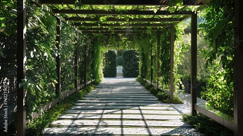 A sleek, geometric pergola adorned with lush greenery, casting captivating shadows over a stone pathway.