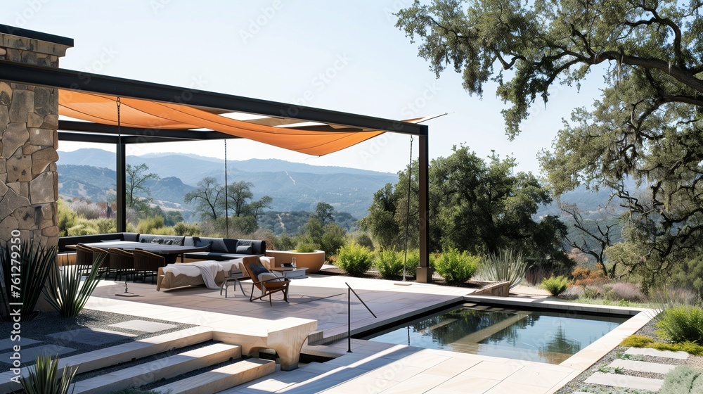 A striking, cantilevered shade structure providing relief from the sun while framing views of the surrounding landscape.