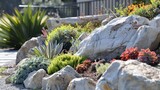 A striking mix of textures and colors in a modern rock garden, featuring bold succulents and dramatic boulders.