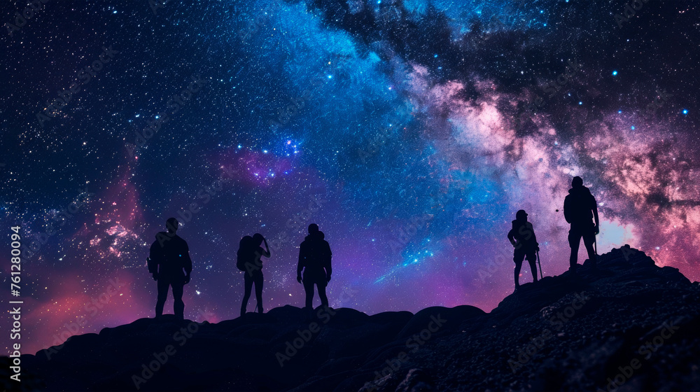 A group of people standing on top of a mountain under a night sky filled with stars, gazing in awe and unity at the vast celestial display above them. Banner. Copy space
