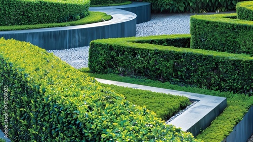 Architectural hedges meticulously trimmed into precise geometric shapes, adding structure to a modern landscape design.