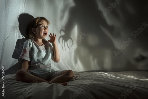 Little girl witnessing a hand shadow on wall
