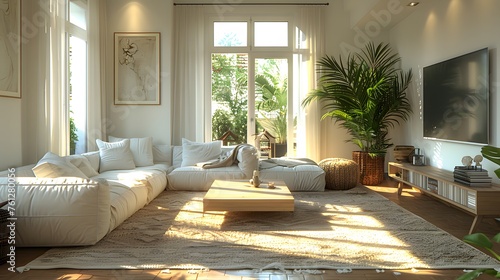 modern Western-style living room bathed in pristine white, where clean lines, plush furnishings, and minimalist decor 
