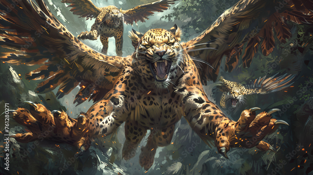 A leopard with four heads and four wings an ancient, Generative AI  - obrazy, fototapety, plakaty 
