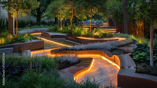 Architectural lighting accentuating the contours of sculptural plantings, illuminating the garden after dark with a dramatic flair.