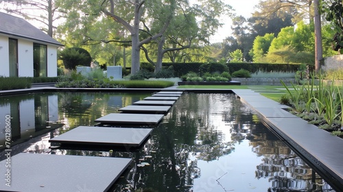 Floating concrete pavers over a tranquil reflecting pool, creating a sense of weightlessness in a modern garden.