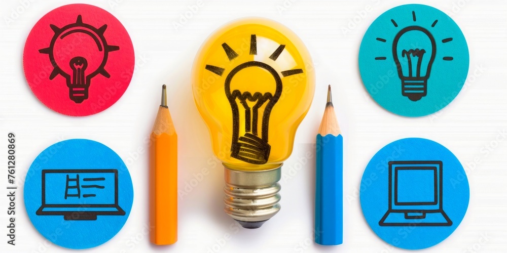 Illuminated bulb with icons, pencils signify idea, creativity, and technology. - obrazy, fototapety, plakaty 