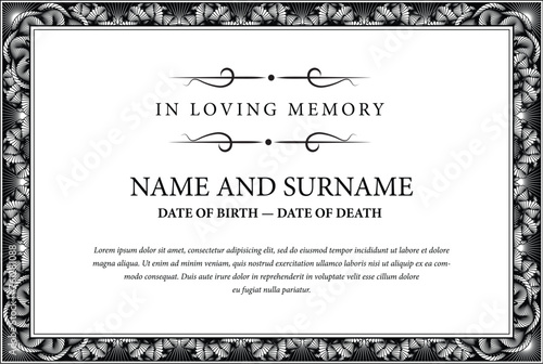 Funeral card. In loving memory of those who are forever in our hearts. Elegant design. Vector illustration.