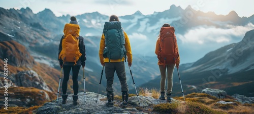 Adventure awaits: hikers with trekking poles traverse mountain paths, embracing the great outdoors and the joy of travel in breathtaking scenery photo