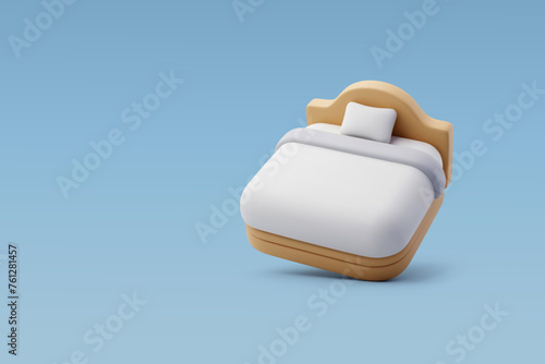 3d Vector Single wooden bed with white bedsheet, Furniture and hotel booking concept.