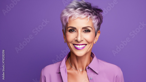 Elegant, smiling elderly, chic latino, Spain woman with gray hair and perfect skin, purple background banner.