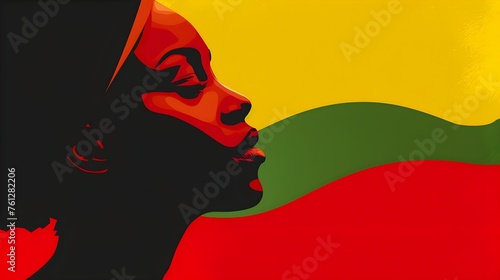 Banner for Black History Month featuring an African-American woman against a vibrant background of red, yellow, green, and black colors photo