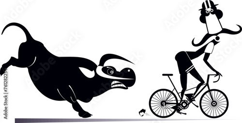 Angry bull and cyclist man. Cartoon frightened cyclist man escapes from the angry bull. Black and white illustration 
