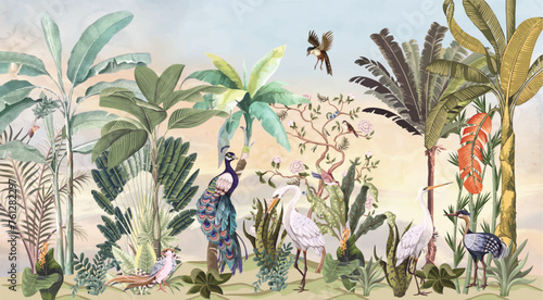 Print with peonies trees, bamboo and birds in chinoiserie style,Tropical nature mural Wallpaper.