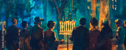 A diverse group of people stand together in front of a beautifully lit menorah, symbolizing unity and celebration. Banner. Copy space