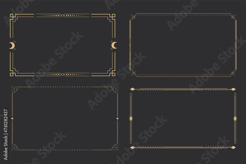 Line golden frame, celestiam minimal esoteric border, mystyc linear decoration with dots, corners isolated on dark background. Geometric shape, tarrot 